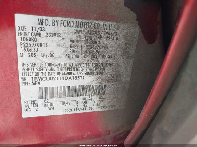 2004 Ford Escape Xls მანქანა იყიდება აუქციონზე, vin: 1FMCU02114DA18511, აუქციონის ნომერი: 45089725