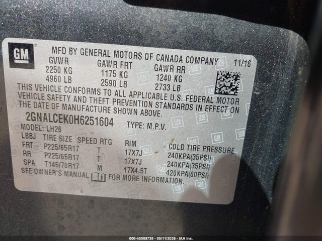 Продаж на аукціоні авто 2017 Chevrolet Equinox Lt, vin: 2GNALCEK0H6251604, номер лоту: 45089738