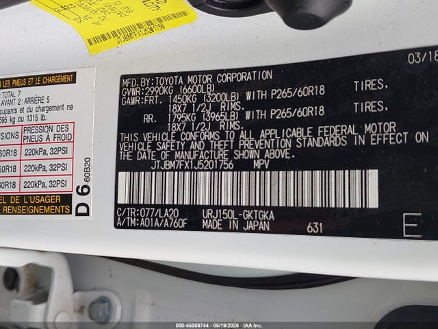 Aukcja sprzedaży 2018 Lexus Gx 460, vin: JTJBM7FX1J5201756, numer aukcji: 45089744