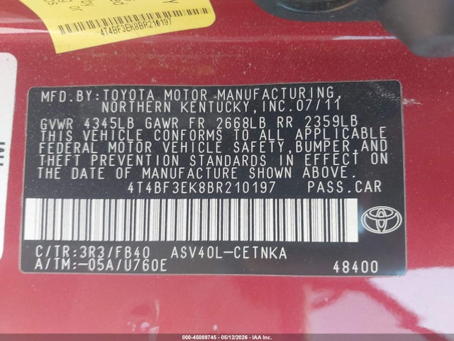 2011 Toyota Camry Le მანქანა იყიდება აუქციონზე, vin: 4T4BF3EK8BR210197, აუქციონის ნომერი: 45089745