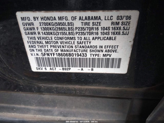 2006 Honda Pilot Ex-l მანქანა იყიდება აუქციონზე, vin: 5FNYF18606B019433, აუქციონის ნომერი: 45089753