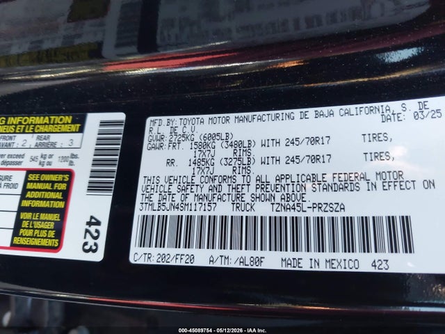 2025 Toyota Tacoma Sr5 მანქანა იყიდება აუქციონზე, vin: 3TMLB5JN4SM117157, აუქციონის ნომერი: 45089754
