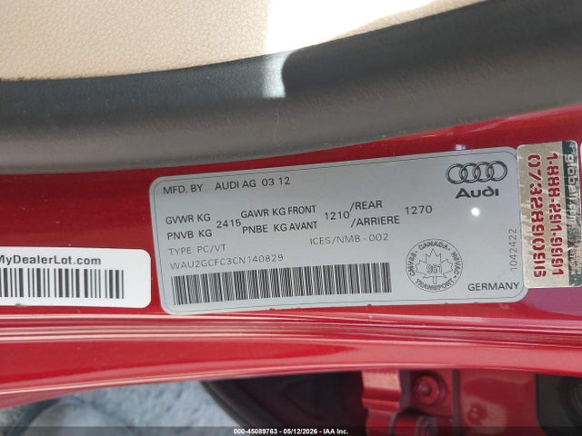 Aukcja sprzedaży 2012 Audi A7 Premium, vin: WAU2GCFC3CN140829, numer aukcji: 45089763