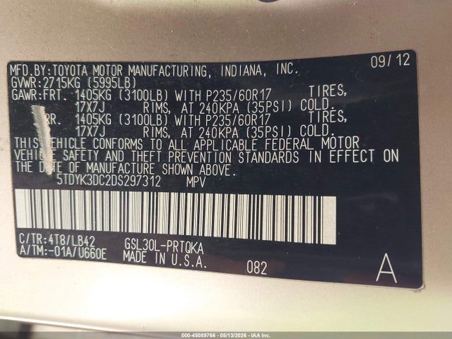 45089766 :رقم المزاد ، 5TDYK3DC2DS297312 vin ، 2013 Toyota Sienna Xle V6 8 Passenger مزاد بيع