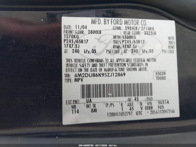 Продажа на аукционе авто 2005 Mercury Mountaineer, vin: 4M2DU86K95ZJ12869, номер лота: 45089769