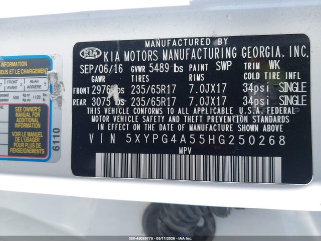 5XYPG4A55HG250268 KIA Sorento 3.3l Lx