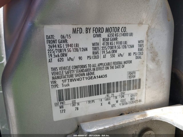 45089787 :رقم المزاد ، 1FT8W4DT1GEA14435 vin ، 2016 Ford F-450 Lariat مزاد بيع