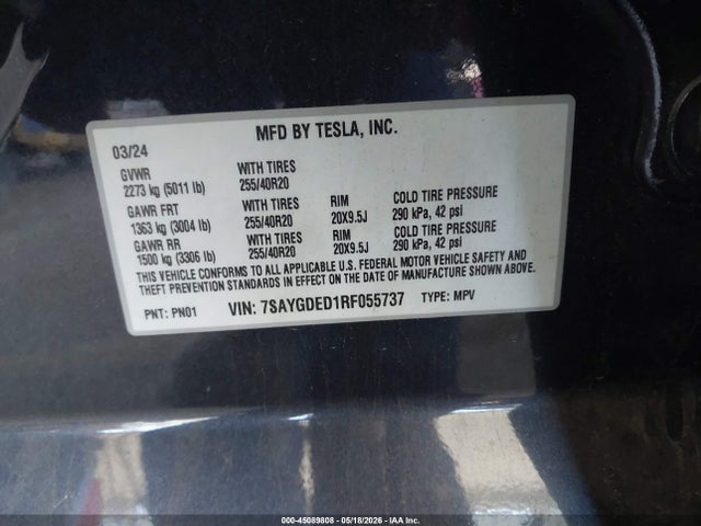 Продаж на аукціоні авто 2024 Tesla Model Y Long Range Single Motor Rear-wheel Drive/rwd, vin: 7SAYGDED1RF055737, номер лоту: 45089808