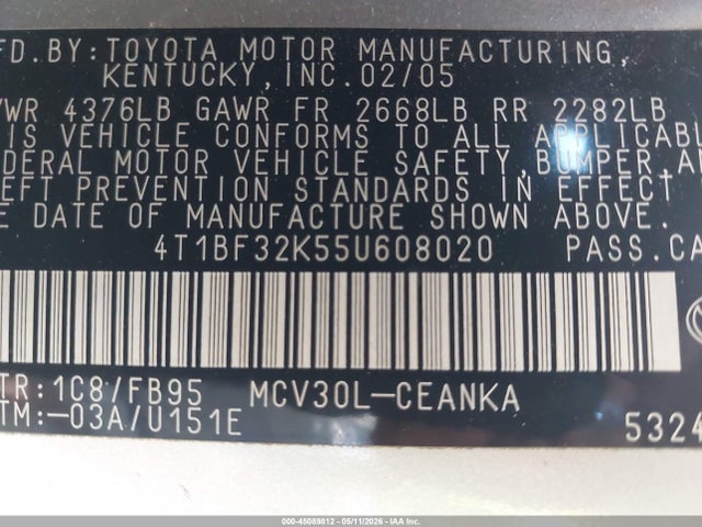 Aukcja sprzedaży 2005 Toyota Camry Le V6, vin: 4T1BF32K55U608020, numer aukcji: 45089812