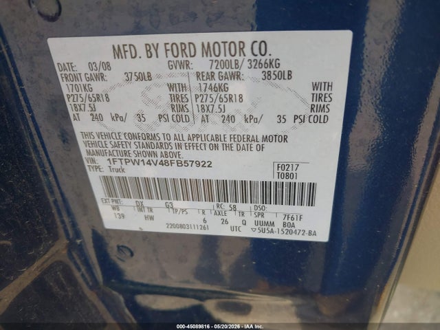 2008 Ford F-150 Lariat მანქანა იყიდება აუქციონზე, vin: 1FTPW14V48FB57922, აუქციონის ნომერი: 45089816