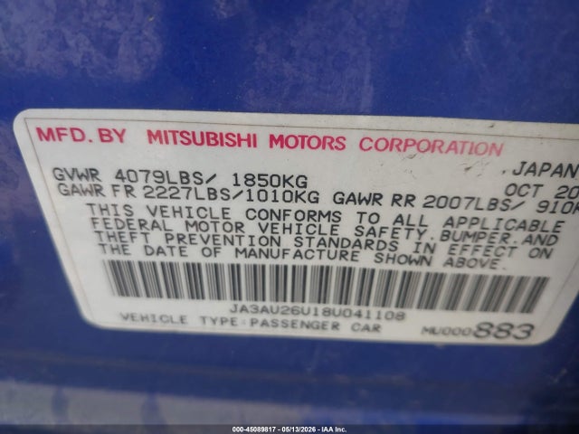 Продаж на аукціоні авто 2008 Mitsubishi Lancer De/es, vin: JA3AU26U18U041108, номер лоту: 45089817
