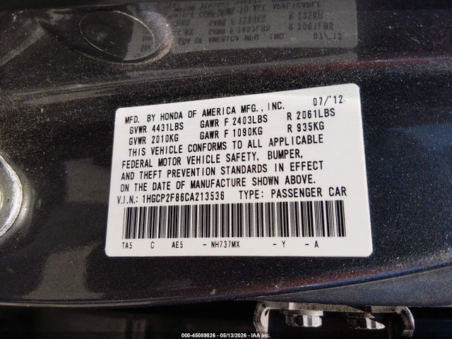 Aukcja sprzedaży 2012 Honda Accord 2.4 Ex-l, vin: 1HGCP2F86CA213536, numer aukcji: 45089826