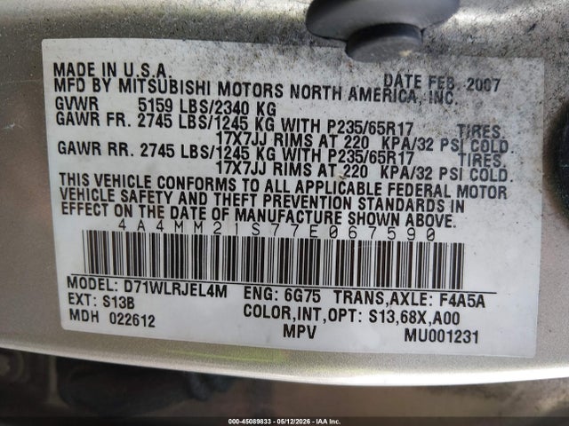 2007 Mitsubishi Endeavor Ls მანქანა იყიდება აუქციონზე, vin: 4A4MM21S77E067590, აუქციონის ნომერი: 45089833