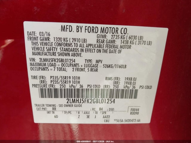 Aukcja sprzedaży 2016 Lincoln Mkt, vin: 2LMHJ5FK2GBL01254, numer aukcji: 45089841