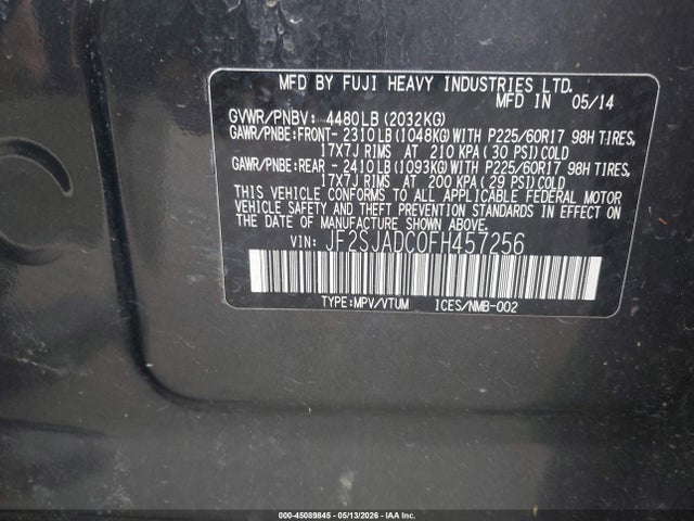 45089845 :رقم المزاد ، JF2SJADC0FH457256 vin ، 2015 Subaru Forester 2.5i Premium مزاد بيع