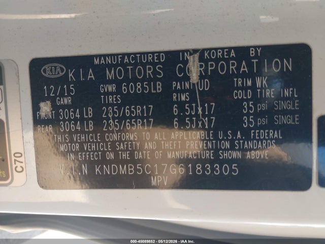 45089852 :رقم المزاد ، KNDMB5C17G6183305 vin ، 2016 Kia Sedona Lx مزاد بيع