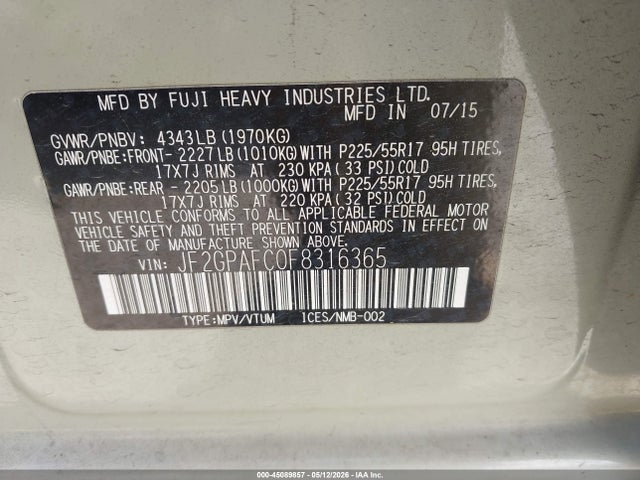 Продажа на аукционе авто 2015 Subaru Xv Crosstrek 2.0i Premium, vin: JF2GPAFC0F8316365, номер лота: 45089857