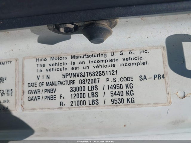 Aukcja sprzedaży 2008 Hino Hino 338, vin: 5PVNV8JT682S51121, numer aukcji: 45089872