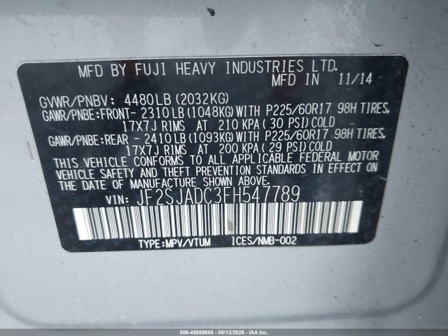 45089880 :رقم المزاد ، JF2SJADC3FH547789 vin ، 2015 Subaru Forester 2.5i Premium مزاد بيع