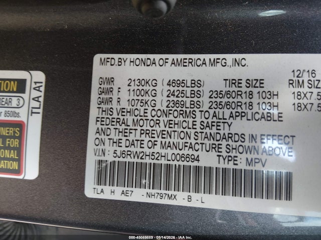 Aukcja sprzedaży 2017 Honda Cr-v Ex, vin: 5J6RW2H52HL006694, numer aukcji: 45089889