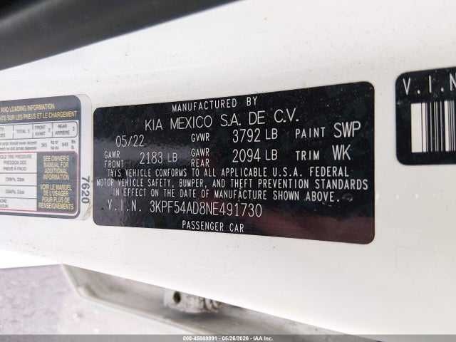 Aukcja sprzedaży 2022 Kia Forte Gt-line, vin: 3KPF54AD8NE491730, numer aukcji: 45089891