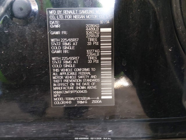45089898 :رقم المزاد ، KNMAT2MT9FP509435 vin ، 2015 Nissan Rogue S مزاد بيع
