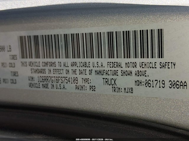 45089899 :رقم المزاد ، 1C6RR7GT6FS754109 vin ، 2015 Ram 1500 Big Horn مزاد بيع