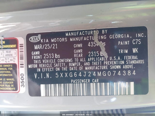 2021 Kia K5 Gt-line მანქანა იყიდება აუქციონზე, vin: 5XXG64J24MG074384, აუქციონის ნომერი: 45089907
