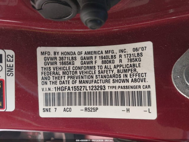 Aukcja sprzedaży 2007 Honda Civic Lx, vin: 1HGFA15527L123293, numer aukcji: 45089911