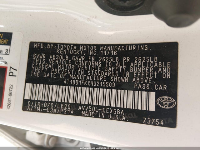 4T1BD1FKXHU215509 Toyota Camry Hybrid Xle