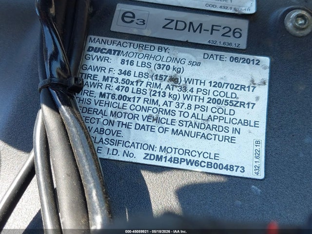 Aukcja sprzedaży 2012 Ducati Superbike 1199 Panigale/s, vin: ZDM14BPW6CB004873, numer aukcji: 45089921
