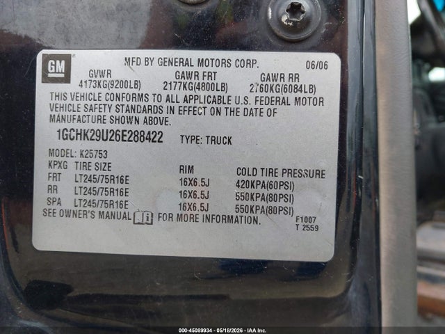 45089934 :رقم المزاد ، 1GCHK29U26E288422 vin ، 2006 Chevrolet Silverado 2500hd Lt3 مزاد بيع