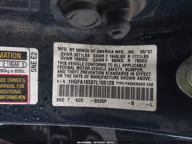 Aukcja sprzedaży 2007 Honda Civic Lx, vin: 1HGFA16597L105128, numer aukcji: 45089937