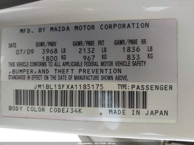 45089953 :رقم المزاد ، JM1BL1SFXA1185175 vin ، 2010 Mazda Mazda3 I Sport مزاد بيع