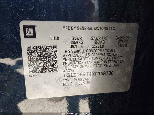 45089958 :رقم المزاد ، 1G1ZD5ST4KF138780 vin ، 2019 Chevrolet Malibu Lt مزاد بيع