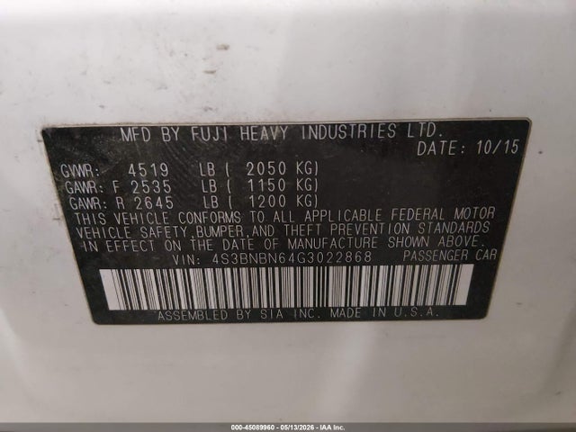 Aukcja sprzedaży 2016 Subaru Legacy 2.5i Limited, vin: 4S3BNBN64G3022868, numer aukcji: 45089960