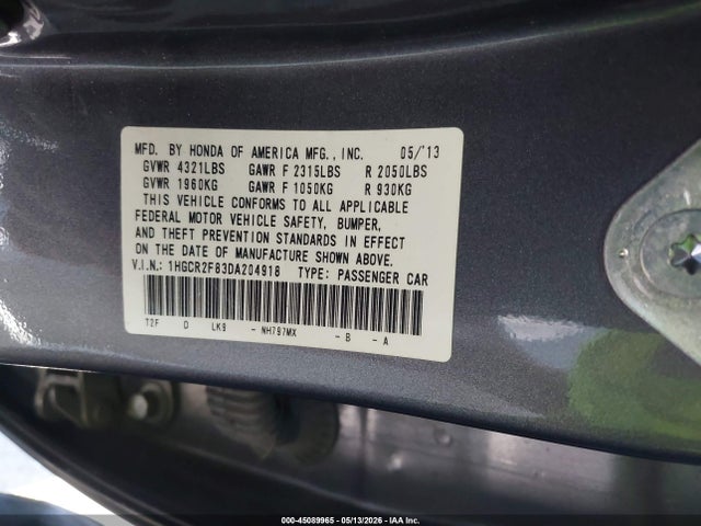 Aukcja sprzedaży 2013 Honda Accord Ex-l, vin: 1HGCR2F83DA204918, numer aukcji: 45089965