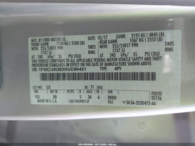 Aukcja sprzedaży 2017 Ford Escape Se, vin: 1FMCU9G93HUD96421, numer aukcji: 45089969