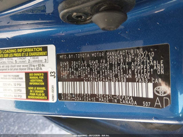 45089982 :رقم المزاد ، 2T1BU4EE4AC380198 vin ، 2010 Toyota Corolla S مزاد بيع