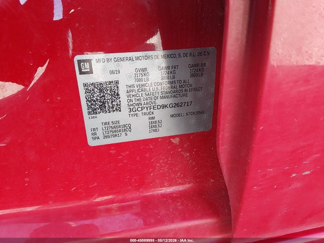 Aukcja sprzedaży 2019 Chevrolet Silverado 1500 Lt Trail Boss, vin: 3GCPYFED9KG262717, numer aukcji: 45089995