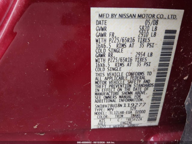 Продажа на аукционе авто 2008 Nissan Quest 3.5 S, vin: 5N1BV28U18N119277, номер лота: 45090002