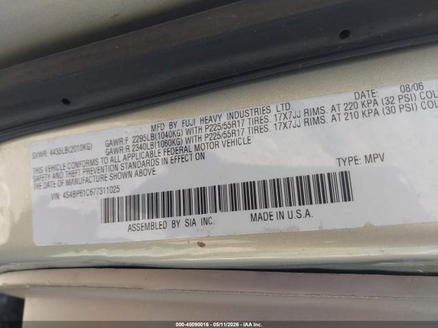 Продажа на аукционе авто 2007 Subaru Outback 2.5i, vin: 4S4BP61C677311025, номер лота: 45090016