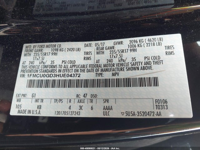 45090021 :رقم المزاد ، 1FMCU0GD3HUE04372 vin ، 2017 Ford Escape Se مزاد بيع