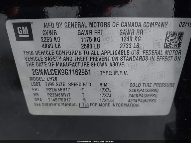 2GNALCEK9G1162951 Chevrolet EQUINOX LT
