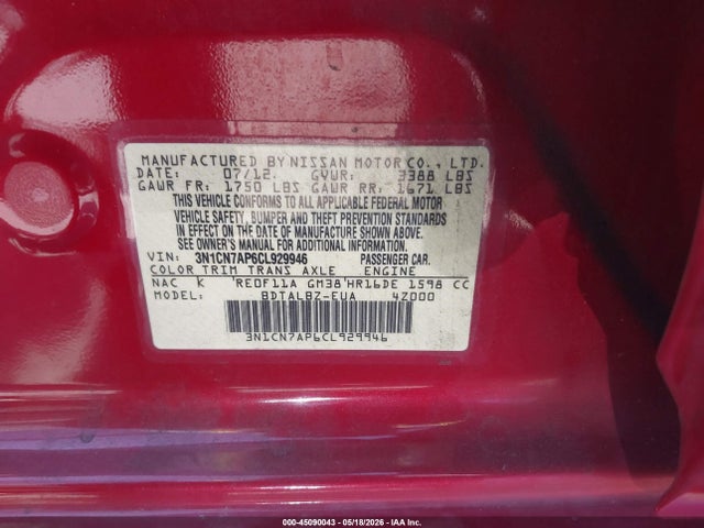 2012 Nissan Versa 1.6 Sv მანქანა იყიდება აუქციონზე, vin: 3N1CN7AP6CL929946, აუქციონის ნომერი: 45090043