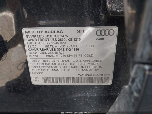2018 Audi Q5 2.0t Premium/2.0t Tech Premium მანქანა იყიდება აუქციონზე, vin: WA1BNAFY3J2203316, აუქციონის ნომერი: 45090062