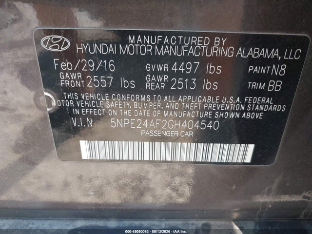 Aukcja sprzedaży 2016 Hyundai Sonata, vin: 5NPE24AF2GH404540, numer aukcji: 45090063