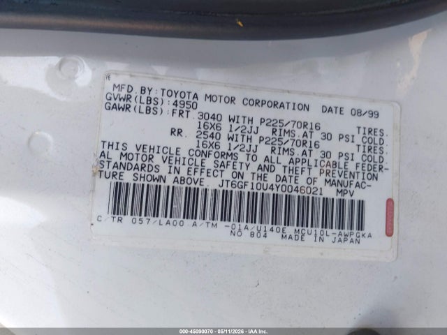 Продажа на аукционе авто 2000 Lexus Rx 300, vin: JT6GF10U4Y0046021, номер лота: 45090070