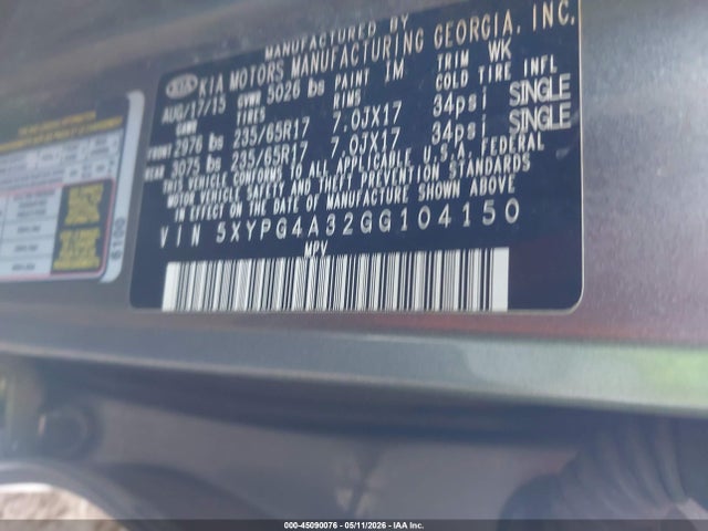 Aukcja sprzedaży 2016 Kia Sorento 2.4l Lx, vin: 5XYPG4A32GG104150, numer aukcji: 45090076