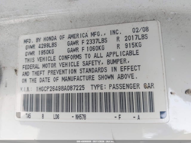 2008 Honda Accord 2.4 Lx-p მანქანა იყიდება აუქციონზე, vin: 1HGCP26498A087225, აუქციონის ნომერი: 45090089